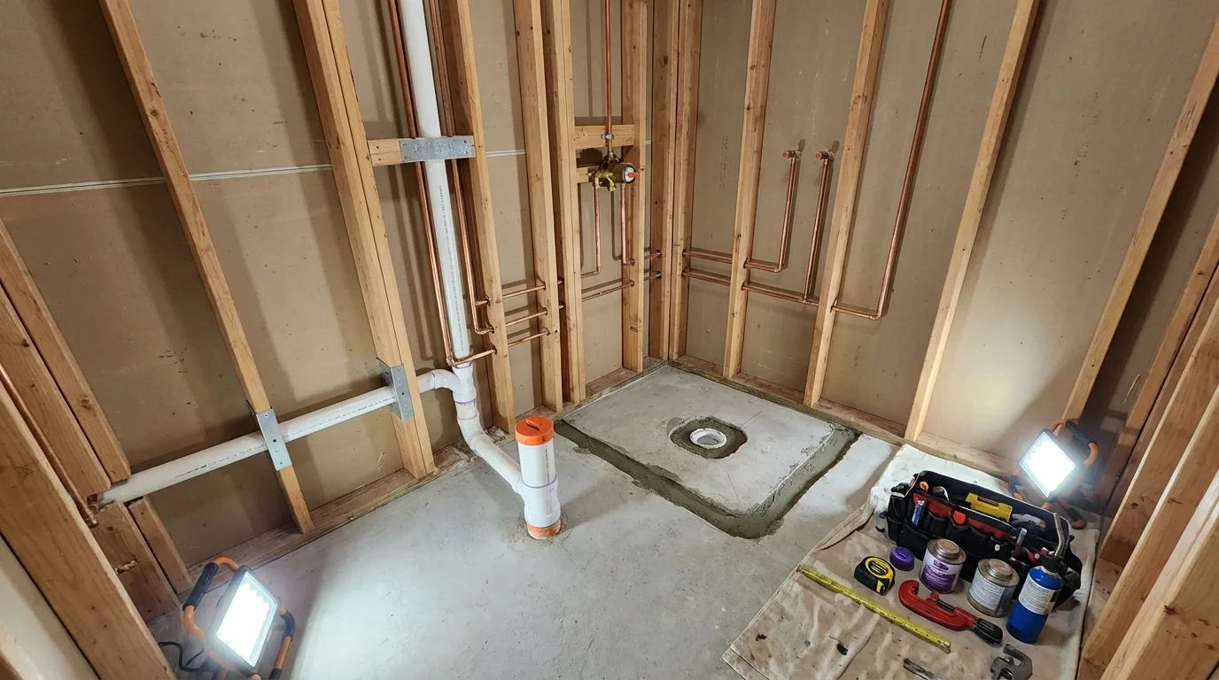 Bathroom rough-in plumbing during remodel by Johns Plumbing LLC in Niwot