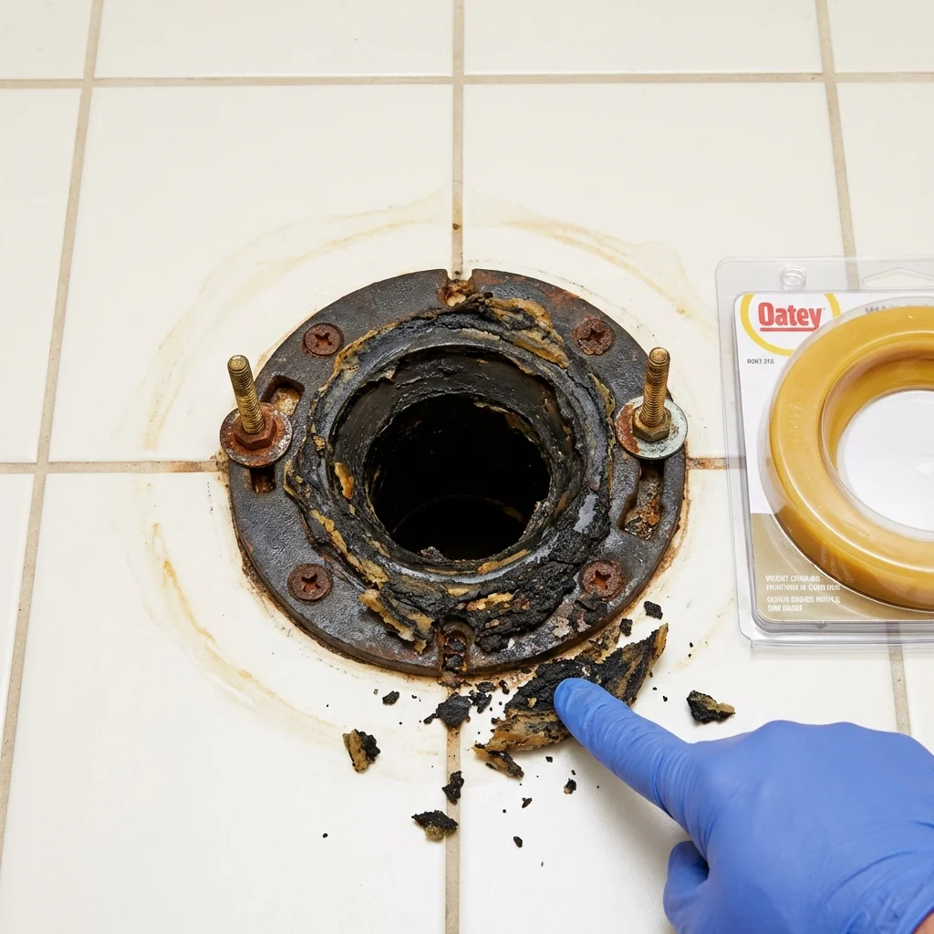 Failed wax ring showing water seepage at the base of a toilet in a Niwot, CO home