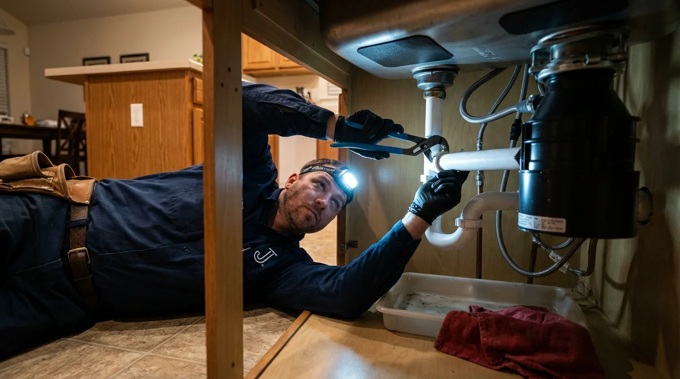 P-trap and supply line connections under a kitchen sink showing a common leak point in Niwot, CO